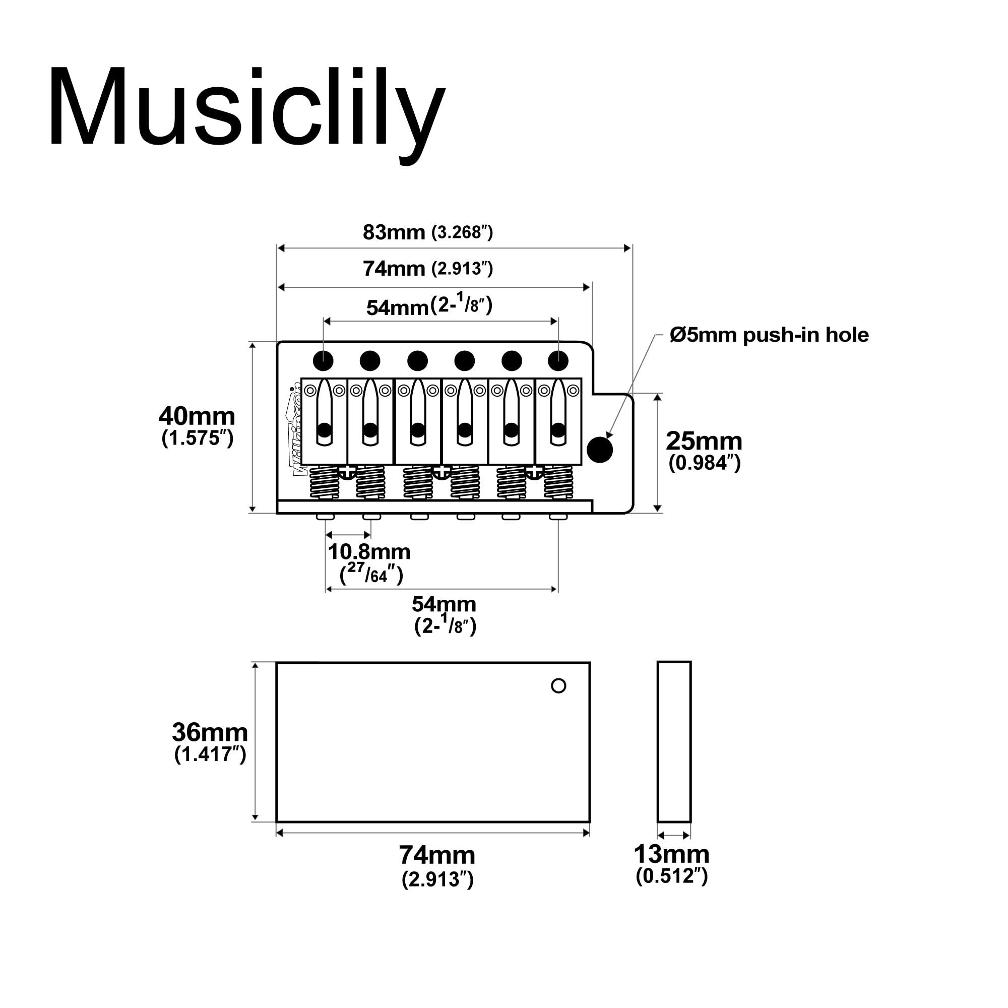Wilkinson M Series 54mm (2-1/8 inch) String Spacing 6-Screw Modern Style Saddle Guitar Tremolo Bridge with Push-In Arm 36mm Bloc
